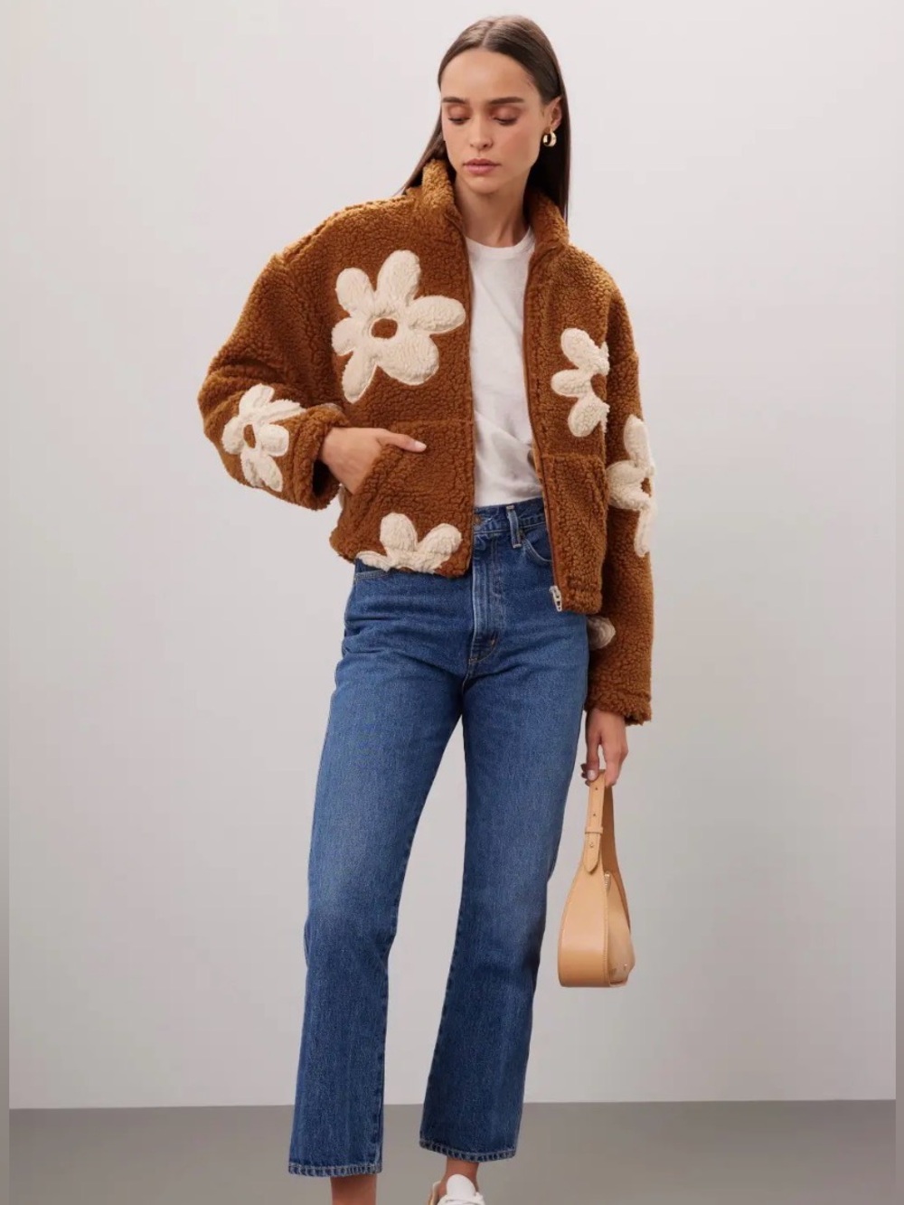 Blank NYC Kids Brown Sherpa Jacket with Cream Floral Appliqués
